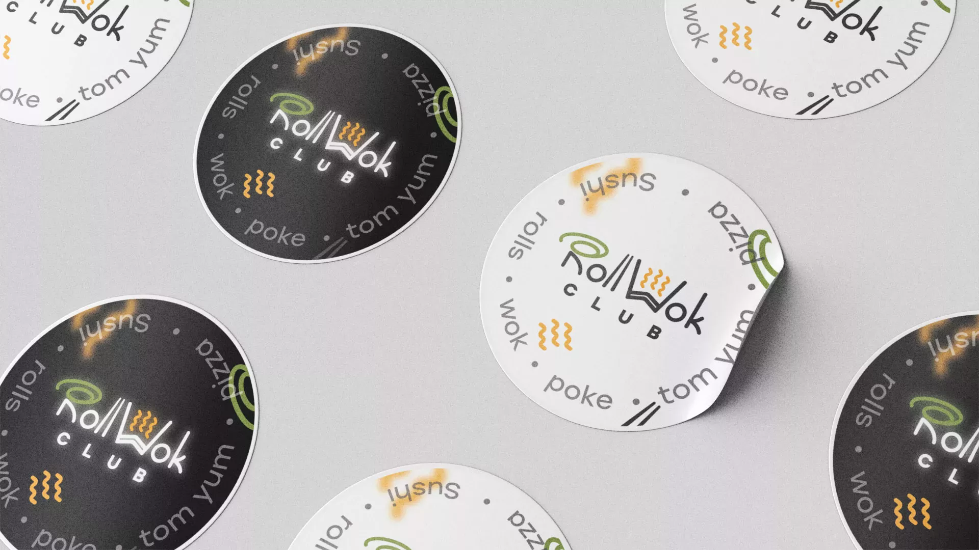 Разработка наклеек для суши-бара «Roll Wok Club» в Карталах